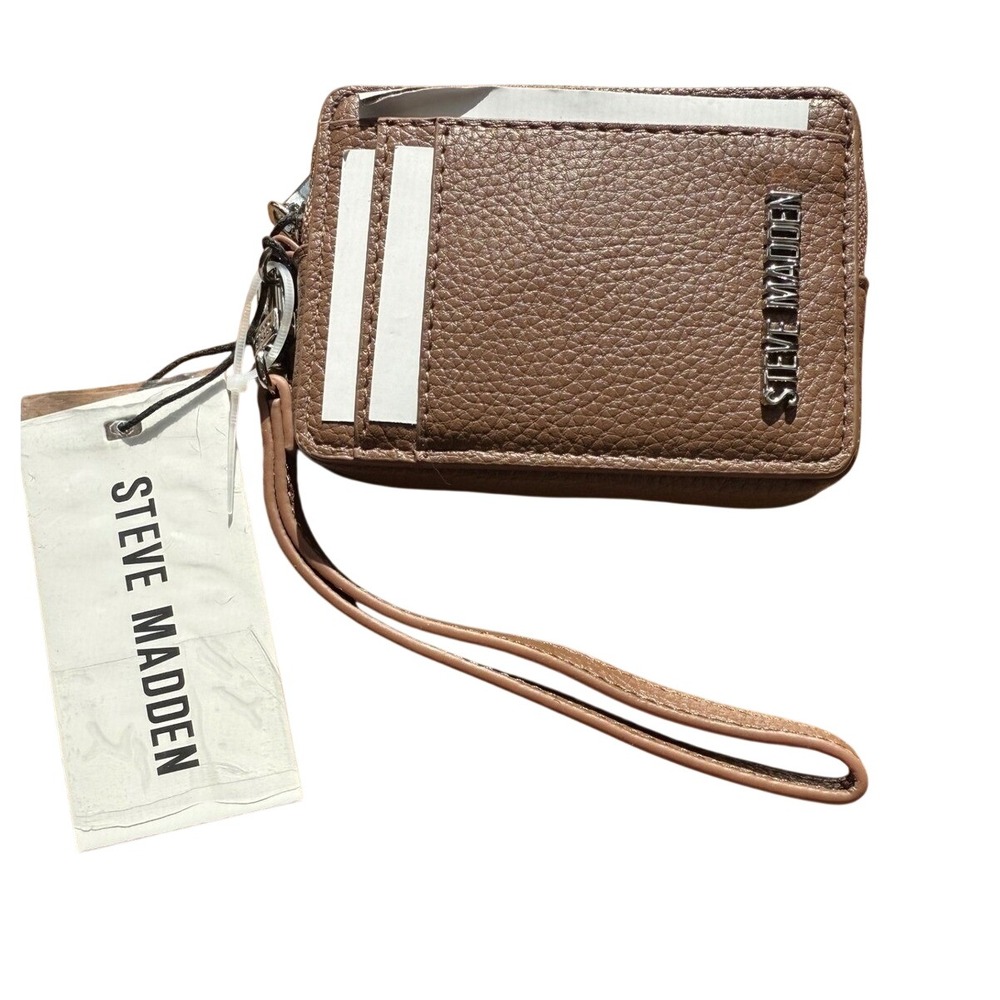 Steve Madden Bpipper Chestnut Brown Pebbled Zip‎ Card Case Wristlet Wallet NWT
